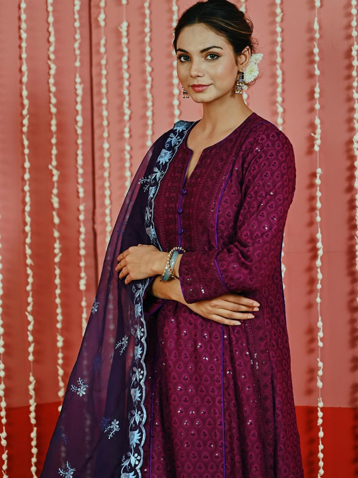 Purple Sequin Embroidered A-Line Kurta Set with Organza Dupatta - Myaara