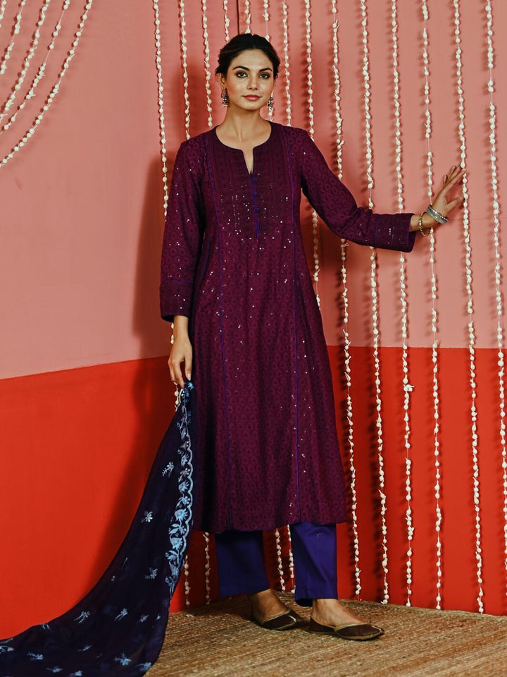 Purple Sequin Embroidered A-Line Kurta Set with Organza Dupatta - Myaara