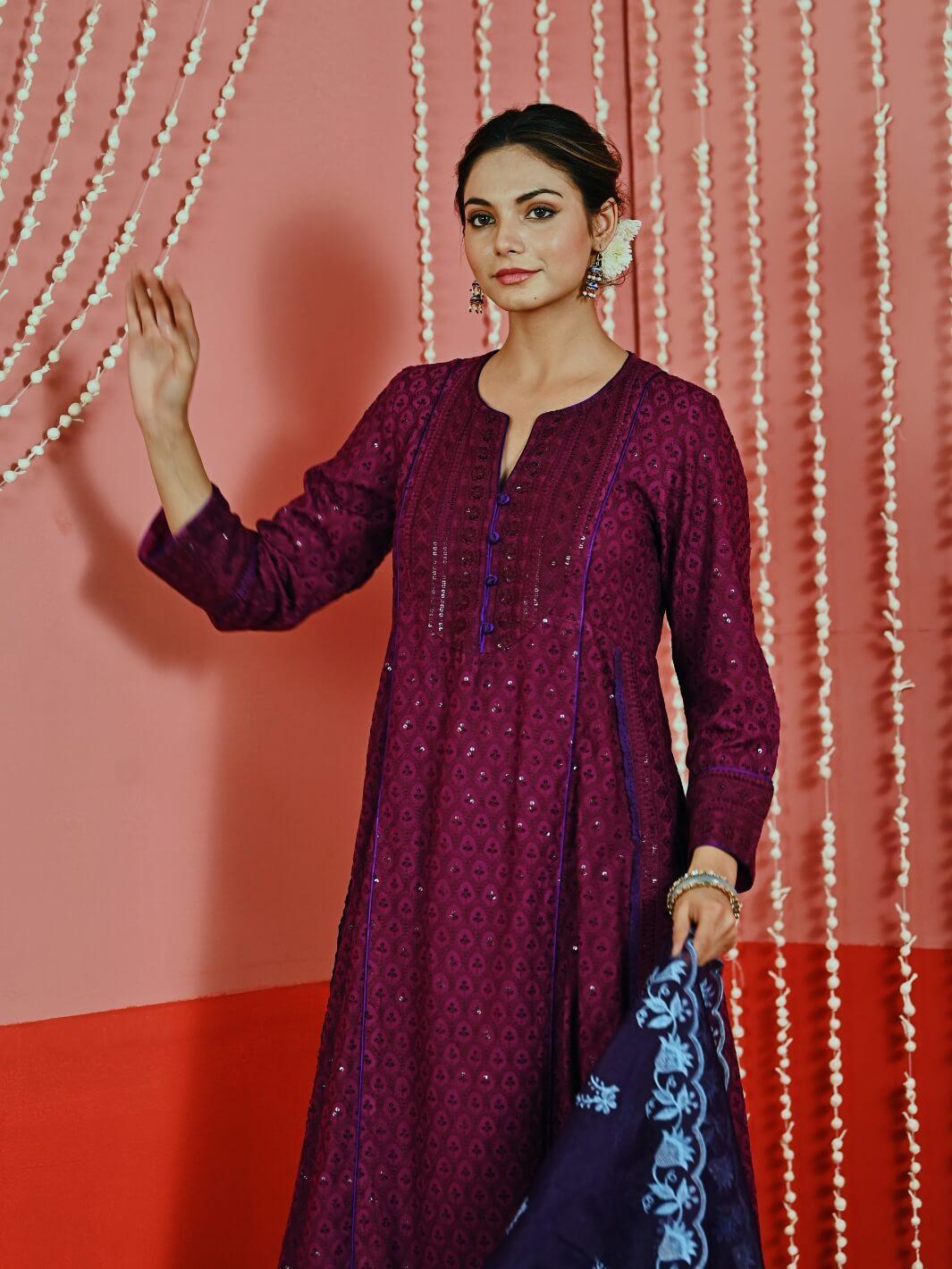 Purple Sequin Embroidered A-Line Kurta Set with Organza Dupatta - Myaara