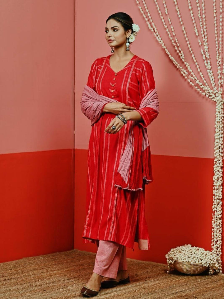 Red A-line Woven Cotton Kurta Set with Mulmul Dupatta - Myaara