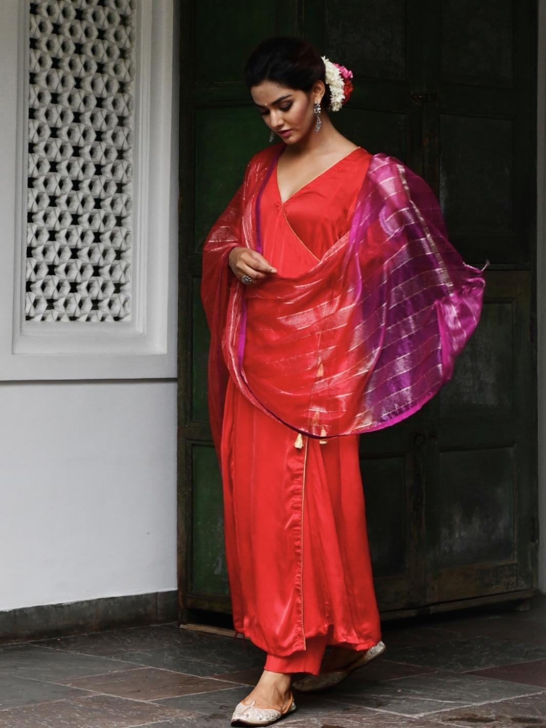 Red Satin Kurta Set with Pink Ombre Organza Dupatta - Myaara