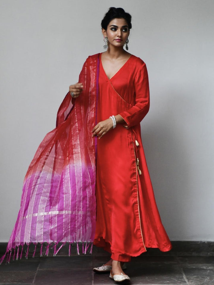 Red Satin Kurta Set with Pink Ombre Organza Dupatta - Myaara