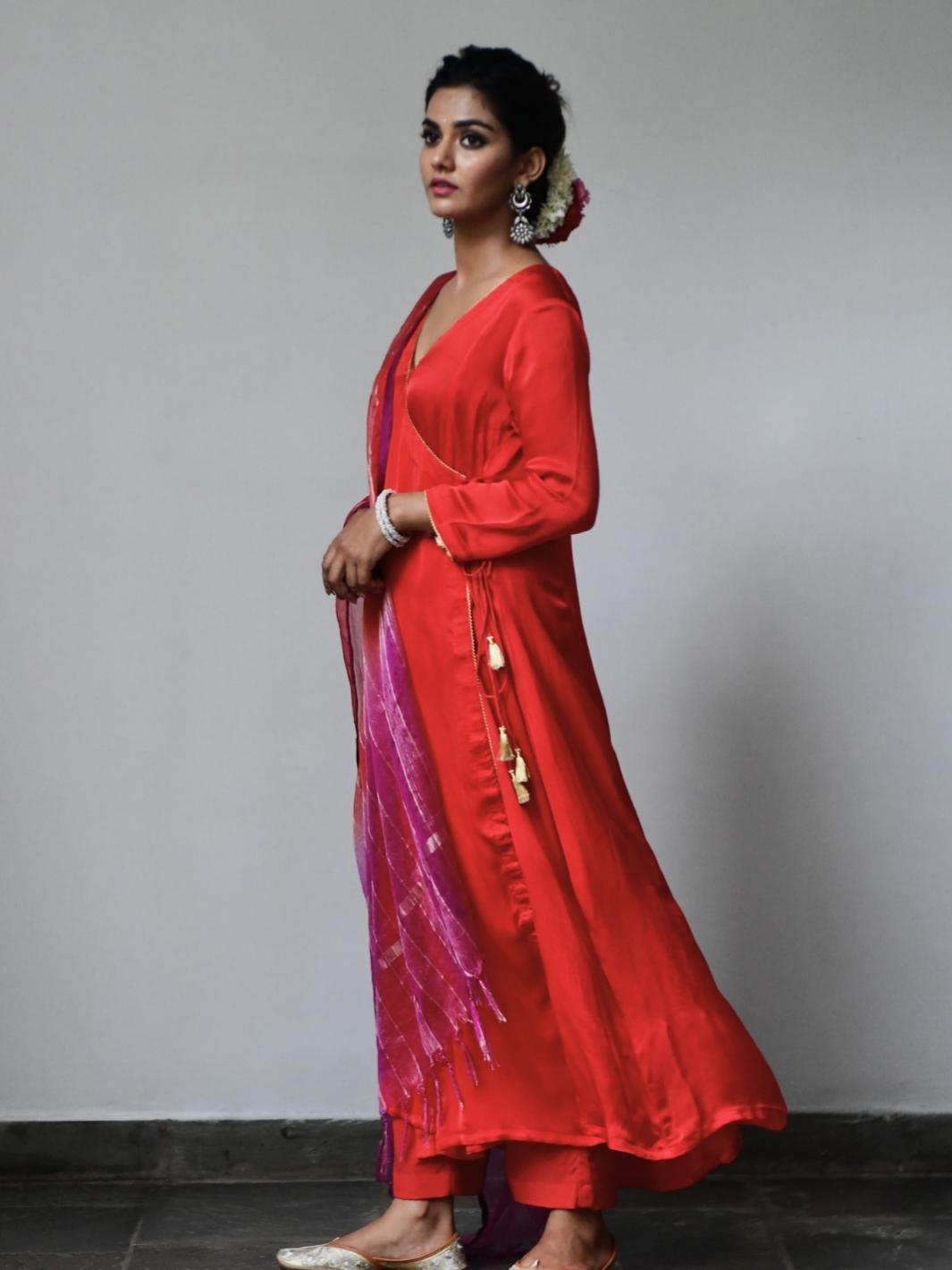 Red Satin Kurta Set with Pink Ombre Organza Dupatta - Myaara