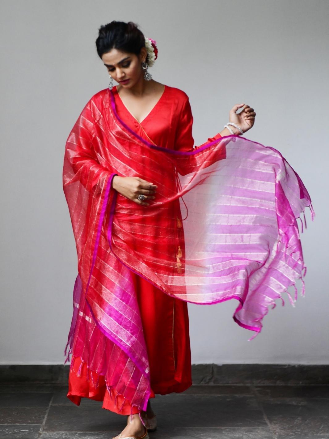 Red Satin Kurta Set with Pink Ombre Organza Dupatta - Myaara