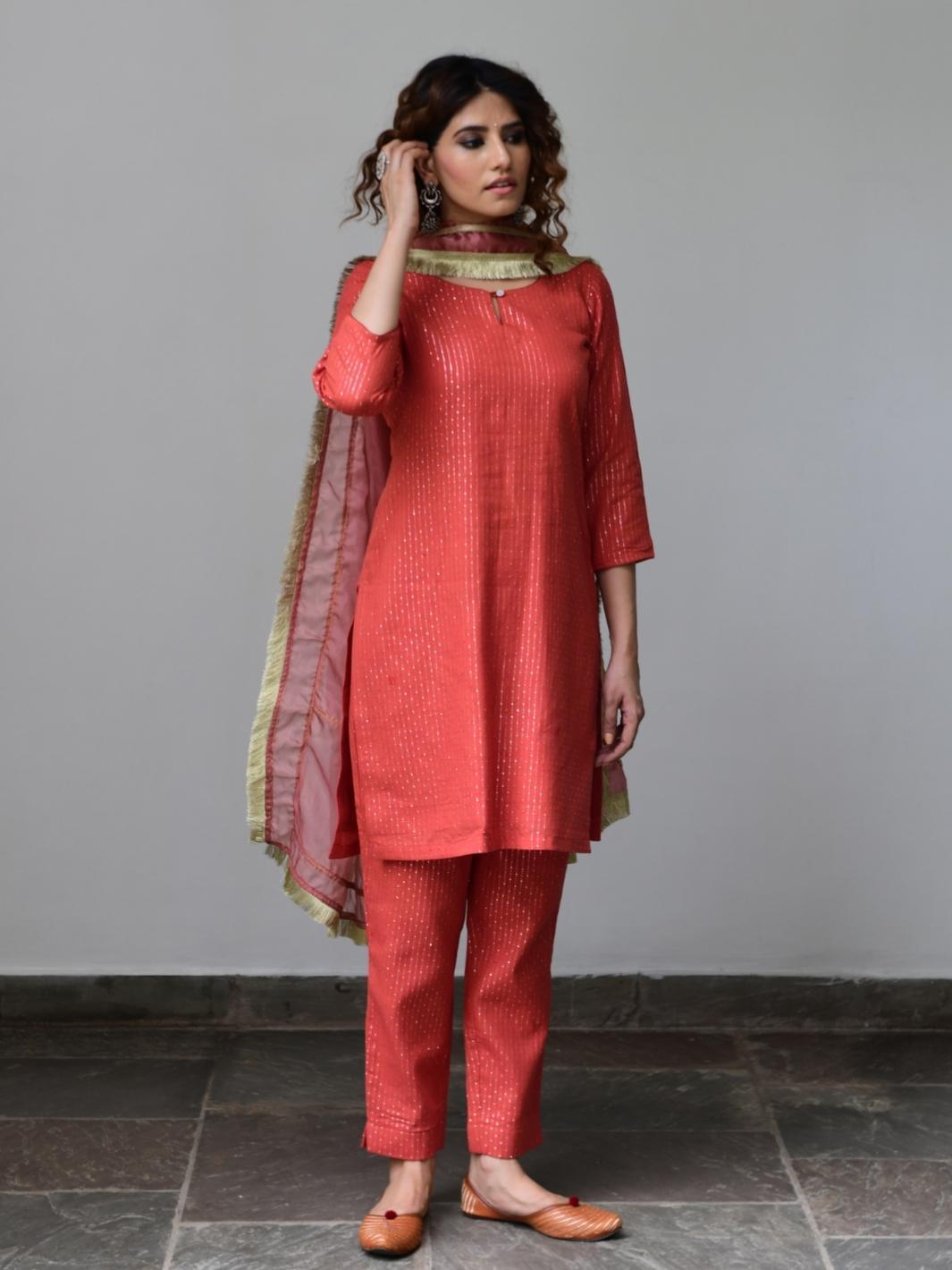 Red Short Kurta Set with Organza Dupatta & Gota-details - Myaara