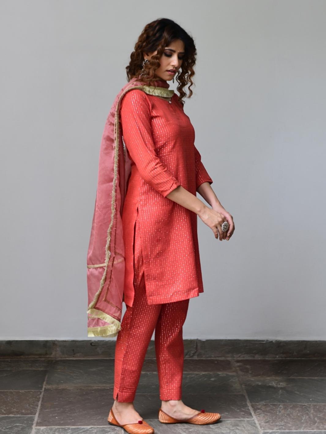 Red Short Kurta Set with Organza Dupatta & Gota-details - Myaara