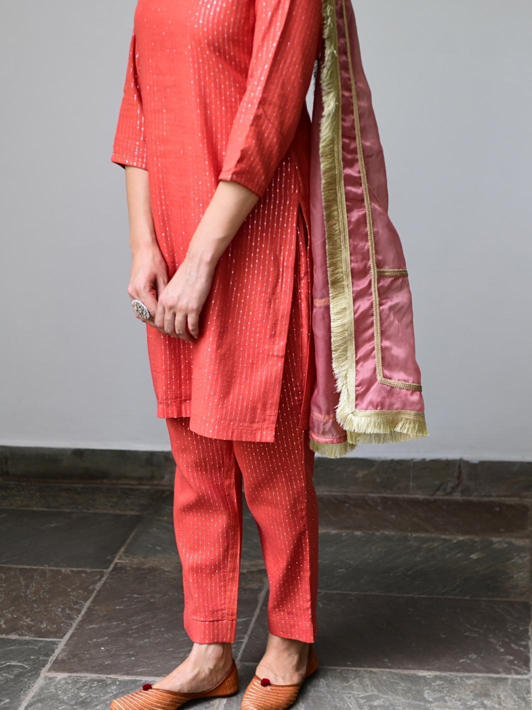 Red Short Kurta Set with Organza Dupatta & Gota-details - Myaara