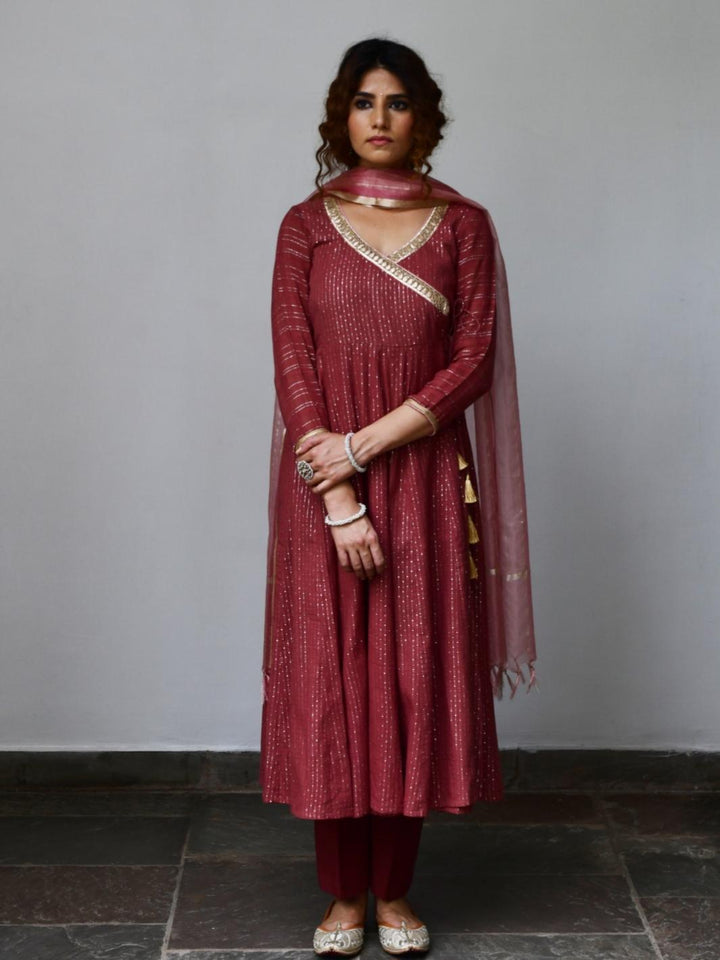 Rust Brown Ethnic Anarkali Set with Organza Dupatta & Gota patti Work - Myaara