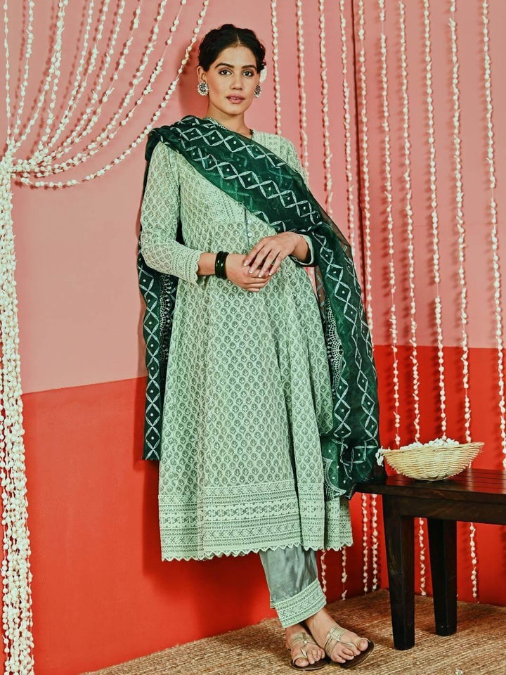 Sage Green Embroidered Georgette Anarkali Set with Organza Dupatta - Myaara