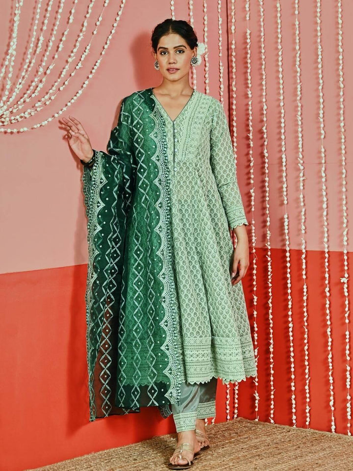 Sage Green Embroidered Georgette Anarkali Set with Organza Dupatta - Myaara