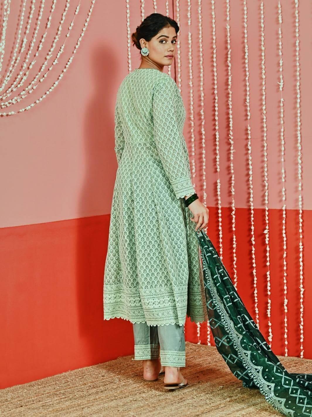 Sage Green Embroidered Georgette Anarkali Set with Organza Dupatta - Myaara