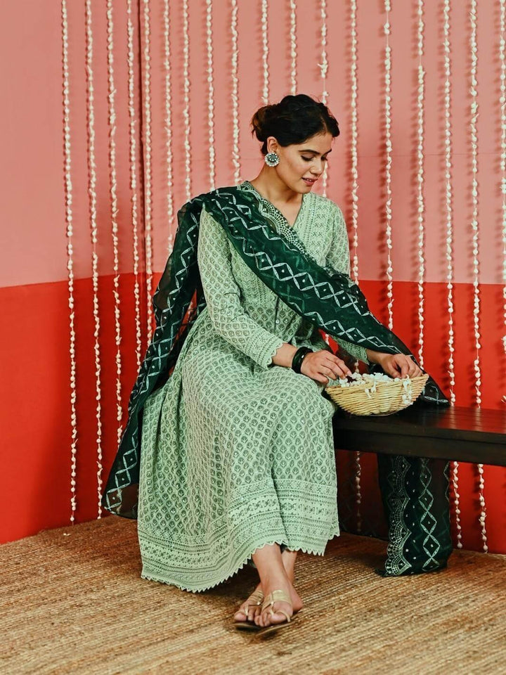 Sage Green Embroidered Georgette Anarkali Set with Organza Dupatta - Myaara