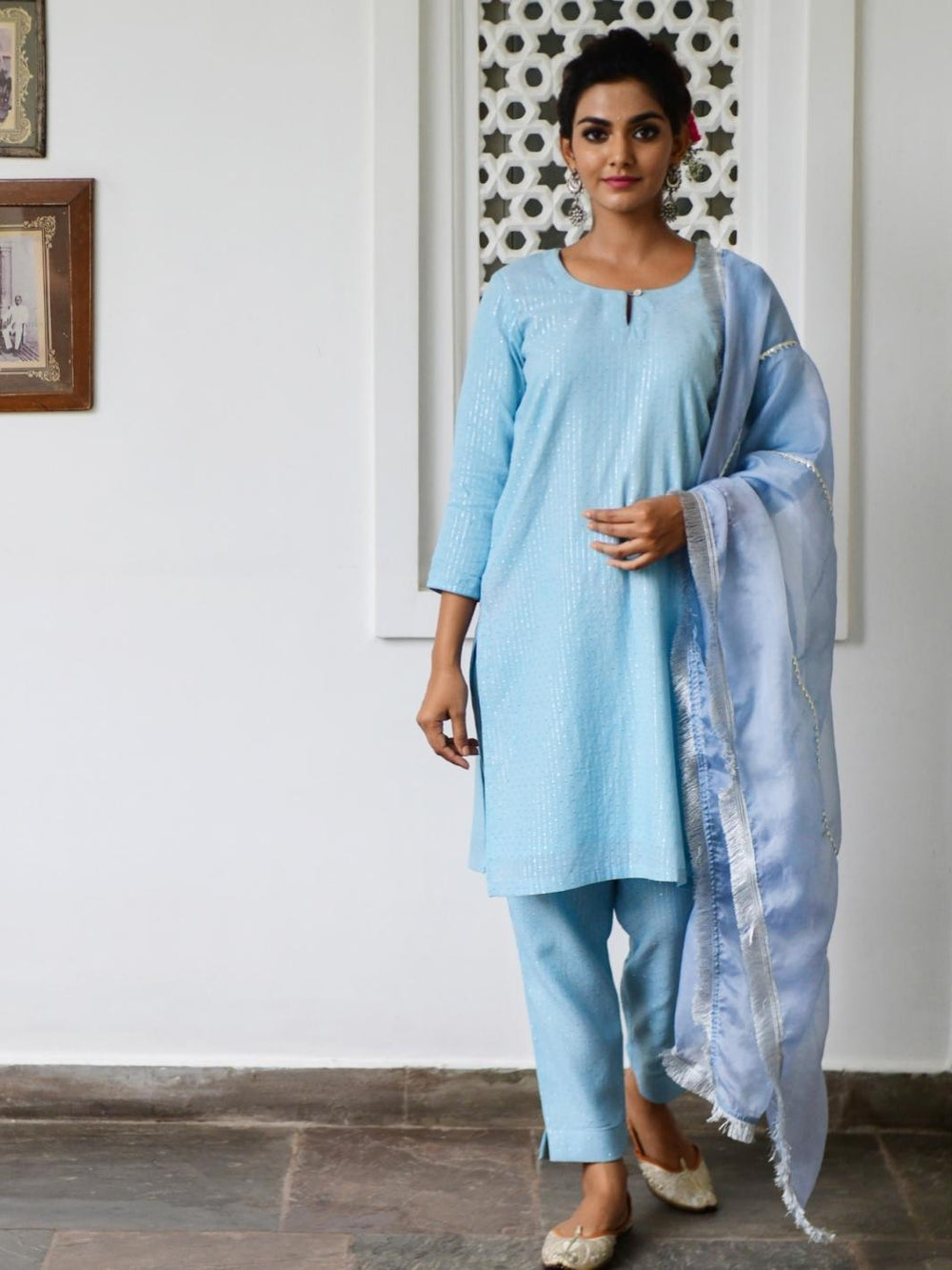 Sky Blue Short Kurta Set with Organza Dupatta & Gota-details - Myaara