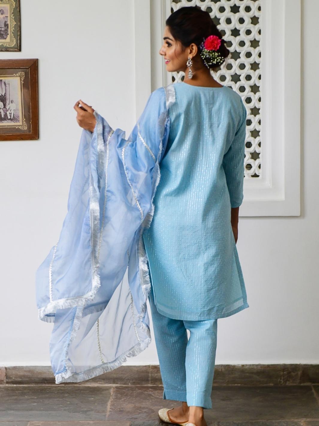 Sky Blue Short Kurta Set with Organza Dupatta & Gota-details - Myaara