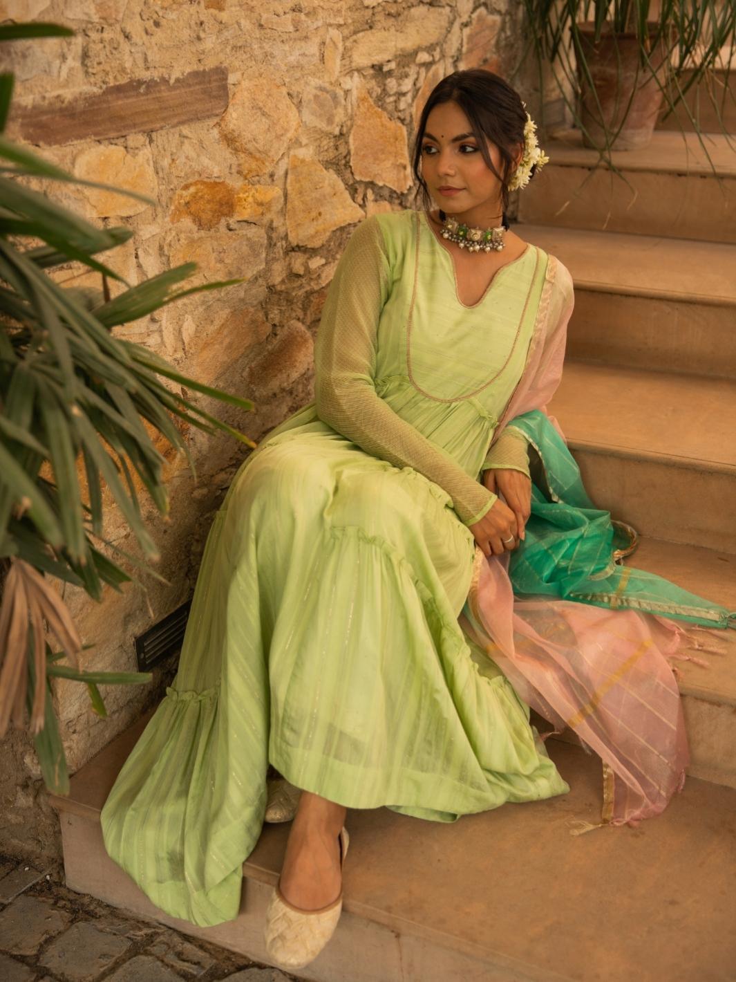 Soft Green Chanderi Anarkali Set with Ombre Organza Dupatta - Myaara