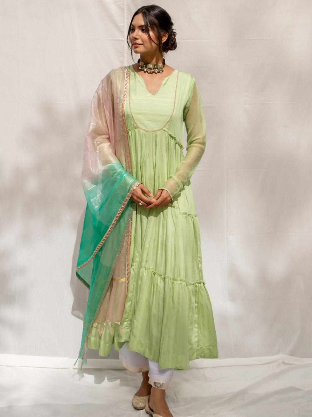 Soft Green Chanderi Anarkali Set with Ombre Organza Dupatta - Myaara