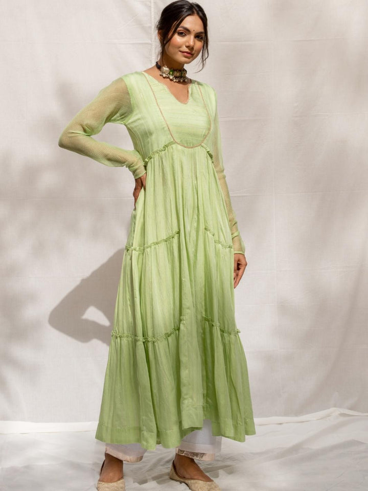 Soft Green Chanderi Anarkali Set with Ombre Organza Dupatta - Myaara