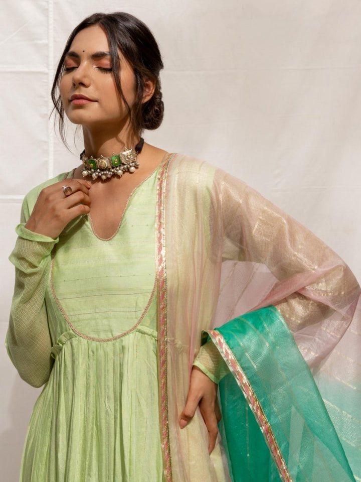 Soft Green Chanderi Anarkali Set with Ombre Organza Dupatta - Myaara