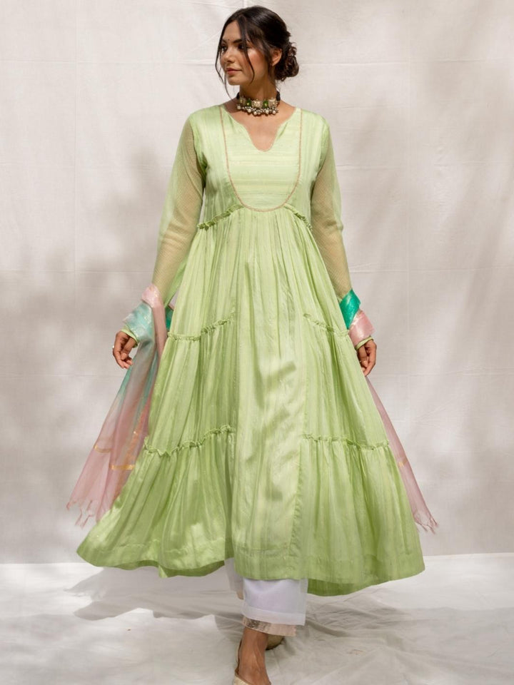 Soft Green Chanderi Anarkali Set with Ombre Organza Dupatta - Myaara