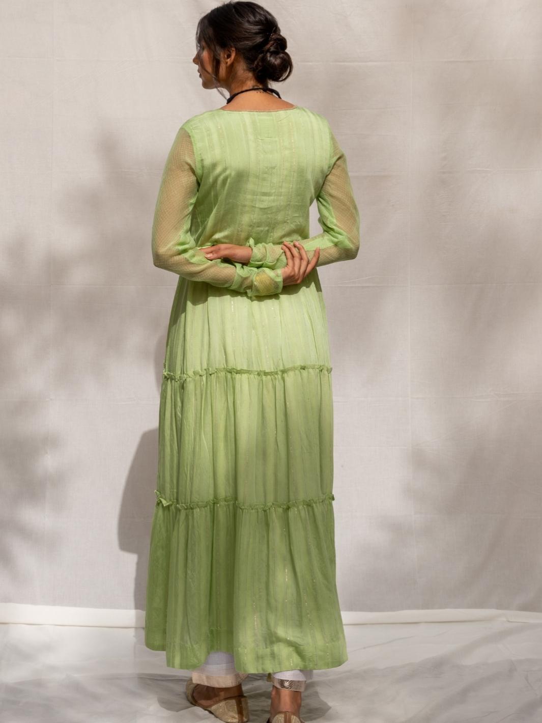 Soft Green Chanderi Anarkali Set with Ombre Organza Dupatta - Myaara