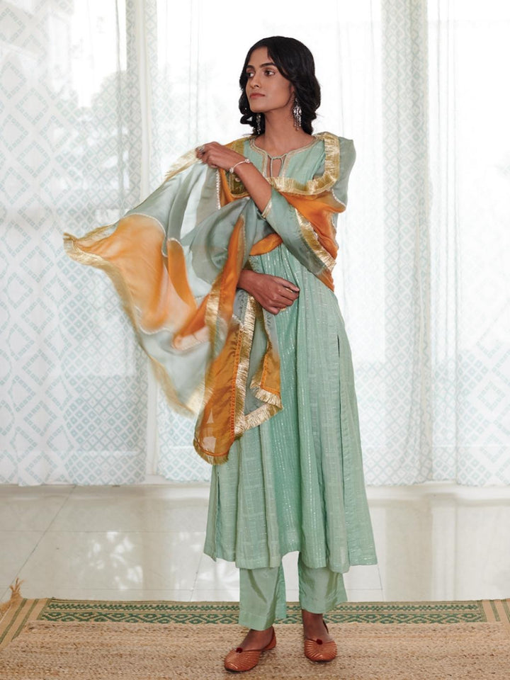 Soft Mint Ethnic Kurta Set with Leheriya Dupatta & Gota-work - Myaara