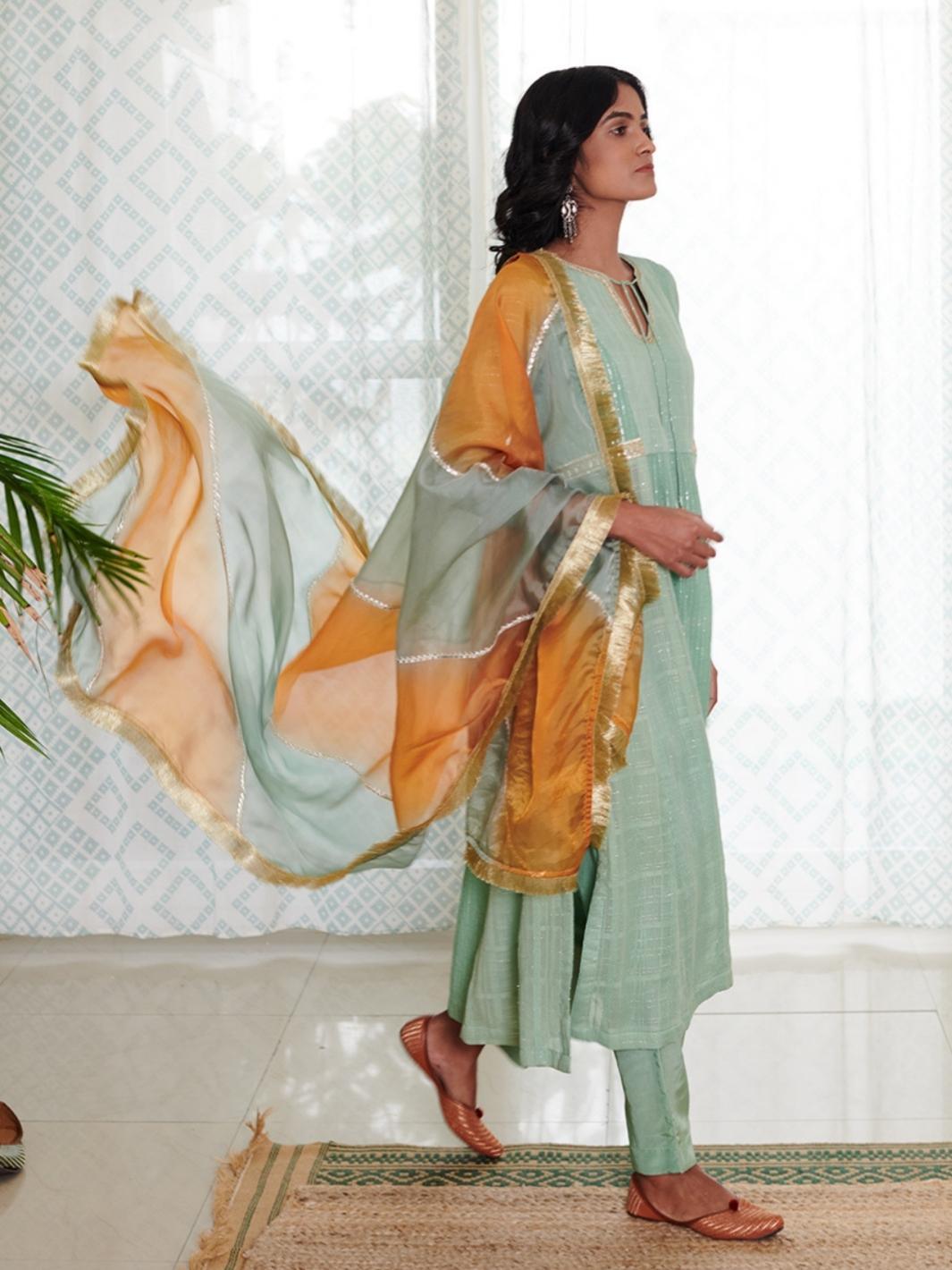 Soft Mint Ethnic Kurta Set with Leheriya Dupatta & Gota-work - Myaara