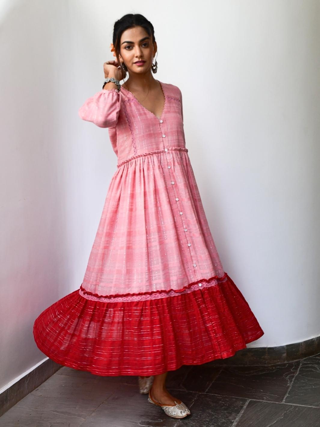 Soft Pink & Red Cotton Lurex Ethnic Dress with Lace-Details - Myaara