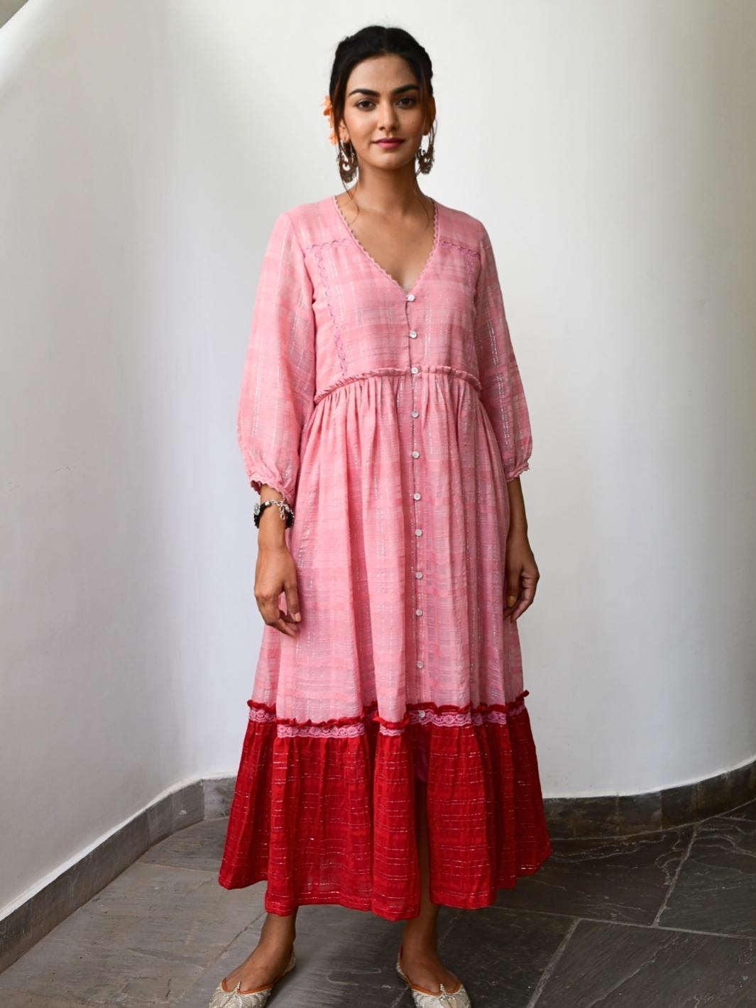 Soft Pink & Red Cotton Lurex Ethnic Dress with Lace-Details - Myaara