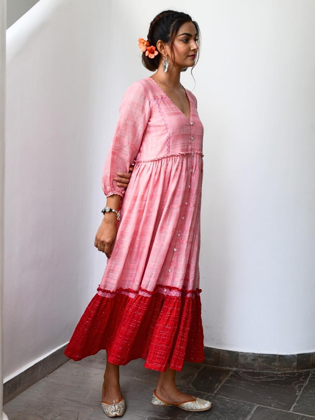 Soft Pink & Red Cotton Lurex Ethnic Dress with Lace-Details - Myaara