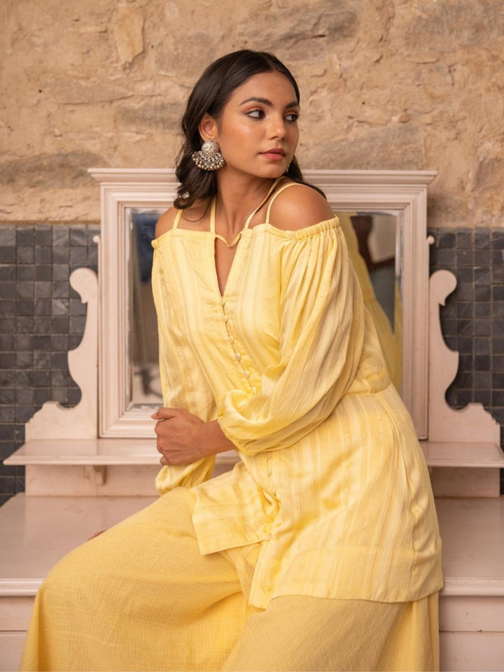 Soft Yellow Cold Shoulder Fusion Set with Flared Pants - Myaara