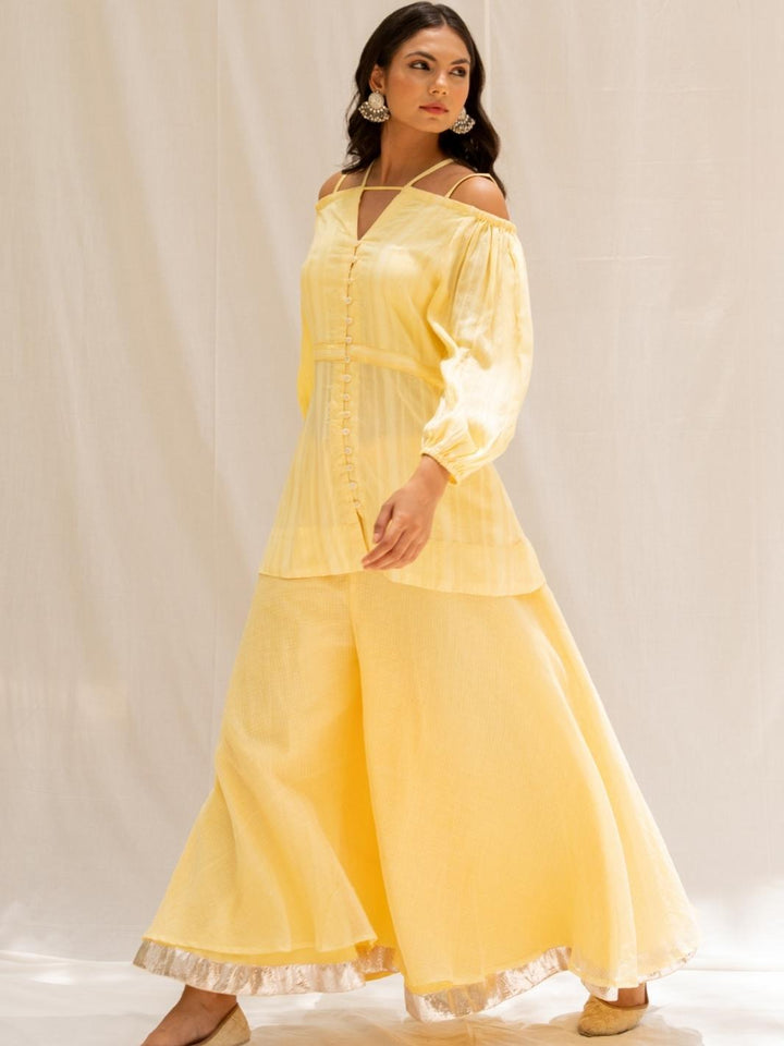 Soft Yellow Cold Shoulder Fusion Set with Flared Pants - Myaara