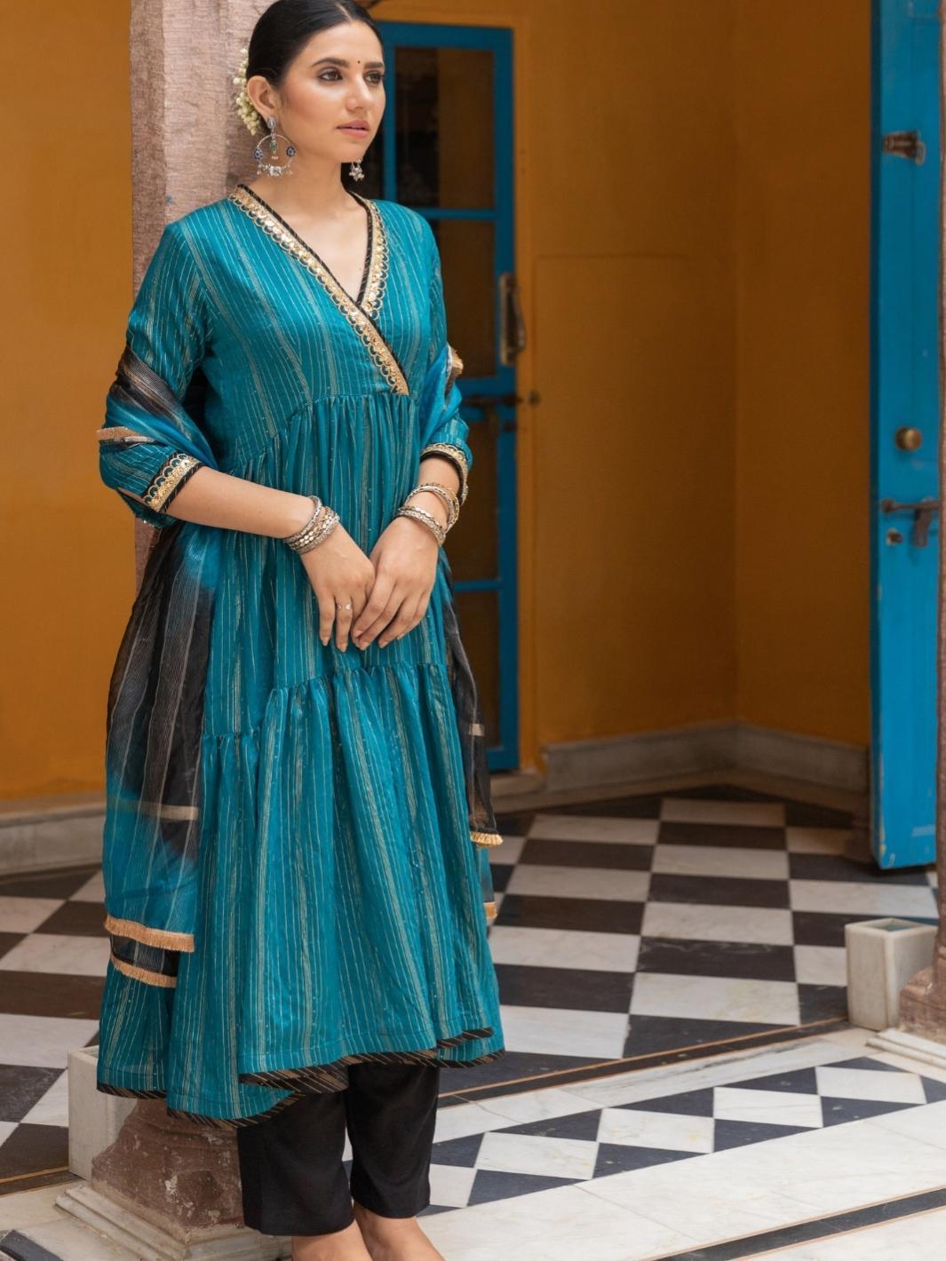 Teal Embroidered Anarkali Set with Ombre Organza Dupatta - Myaara