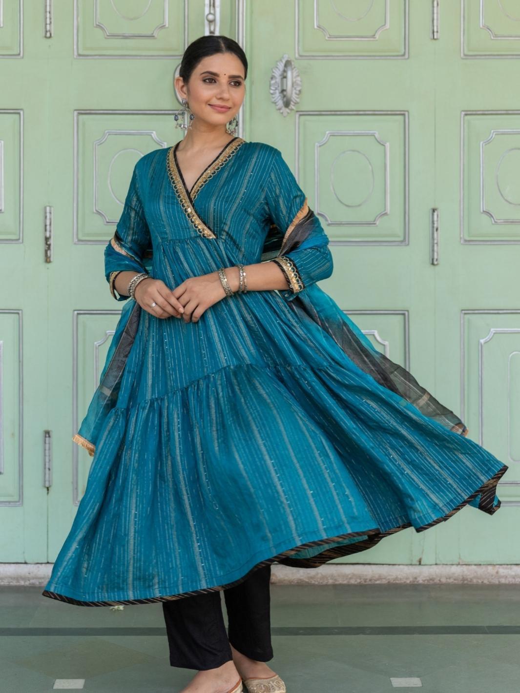 Teal Embroidered Anarkali Set with Ombre Organza Dupatta - Myaara