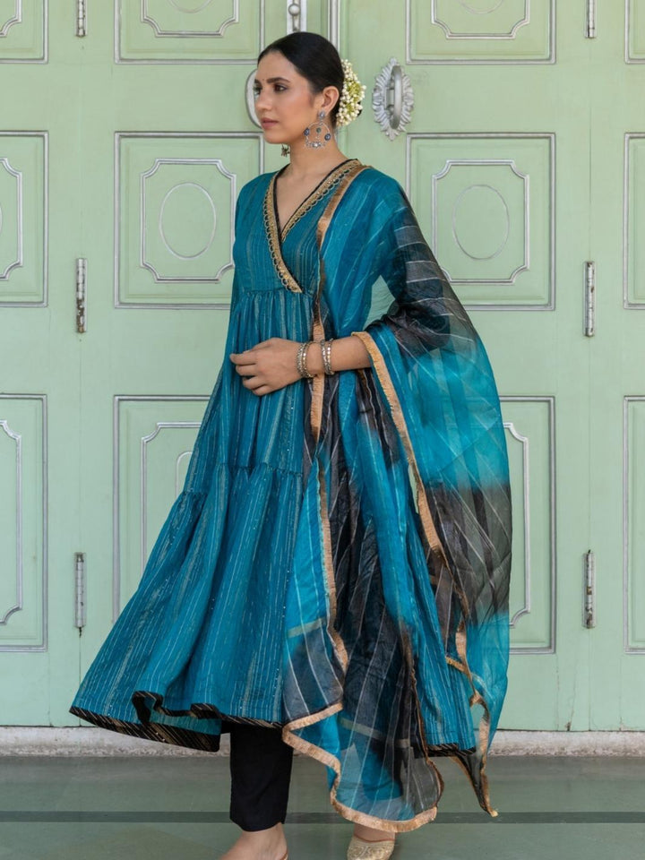 Teal Embroidered Anarkali Set with Ombre Organza Dupatta - Myaara