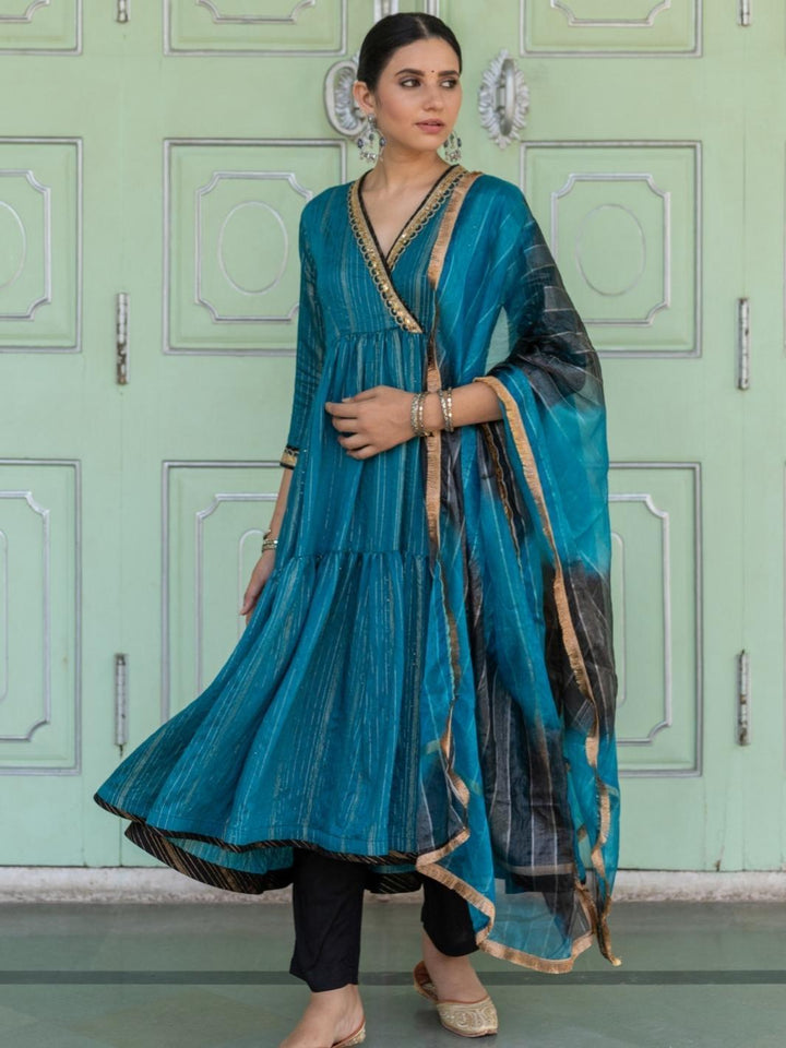 Teal Embroidered Anarkali Set with Ombre Organza Dupatta - Myaara