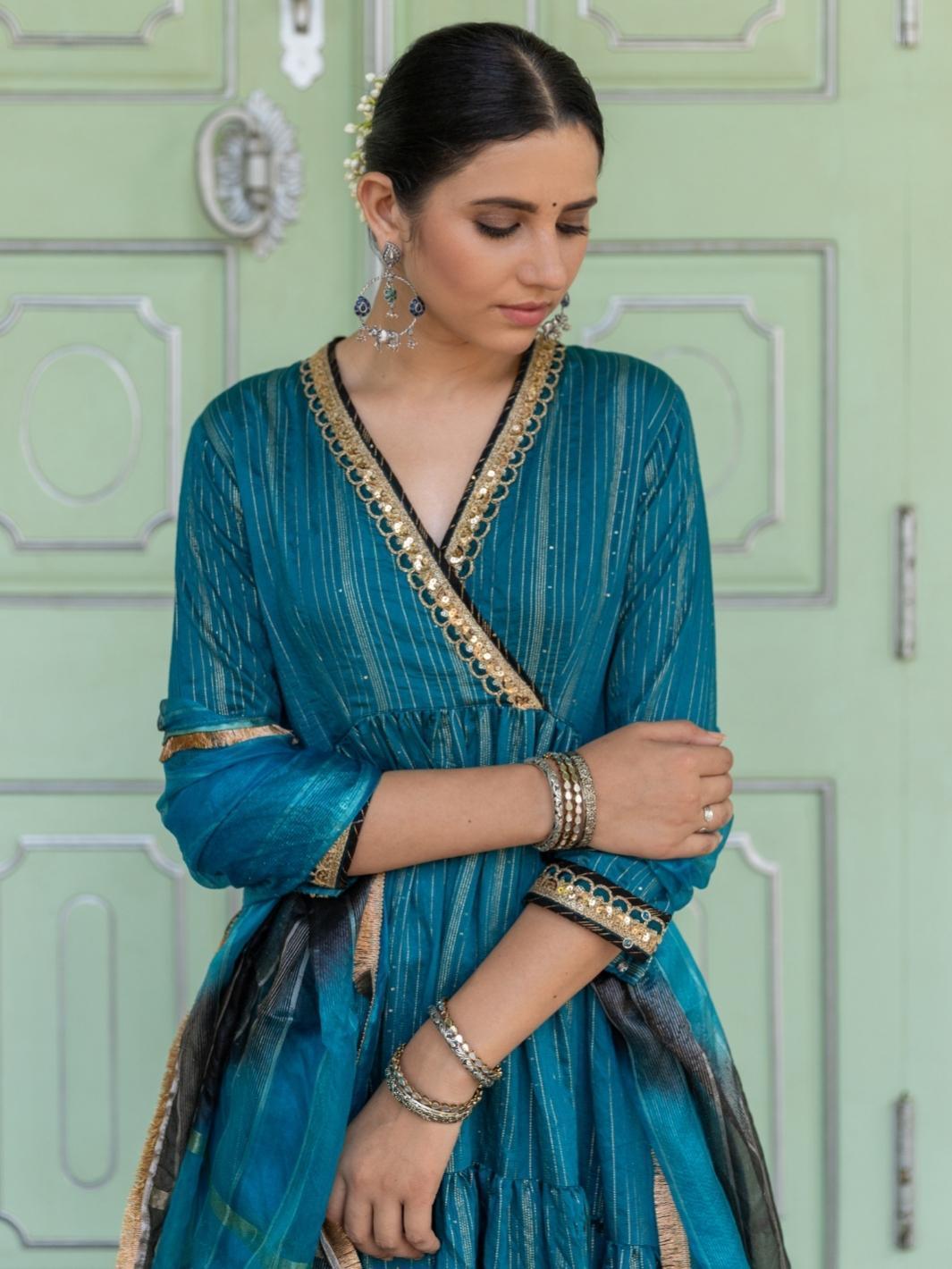 Teal Embroidered Anarkali Set with Ombre Organza Dupatta - Myaara