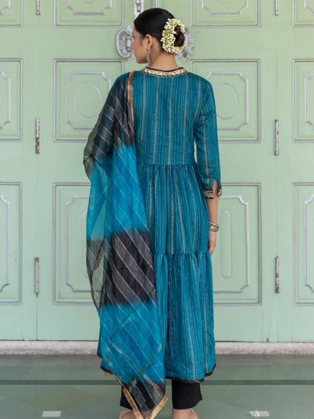 Teal Embroidered Anarkali Set with Ombre Organza Dupatta - Myaara