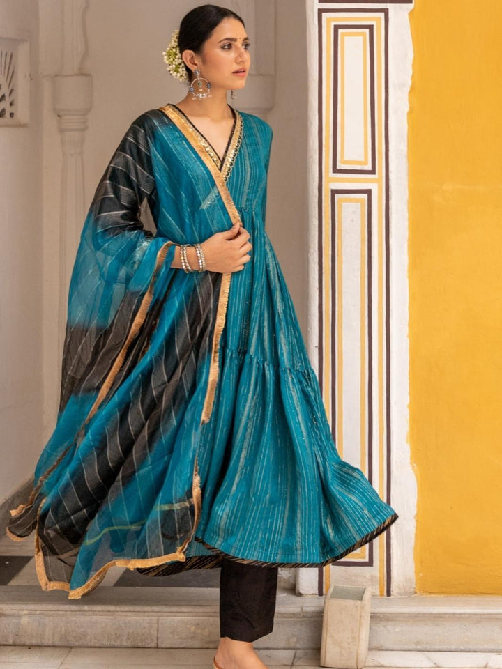 Teal Embroidered Anarkali Set with Ombre Organza Dupatta - Myaara