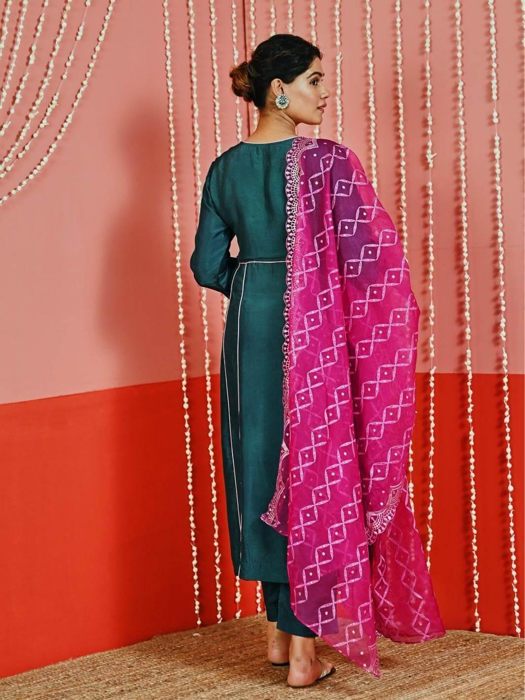 Teal Embroidered Silk Blend Ethnic Kurta Set with Organza Dupatta - Myaara