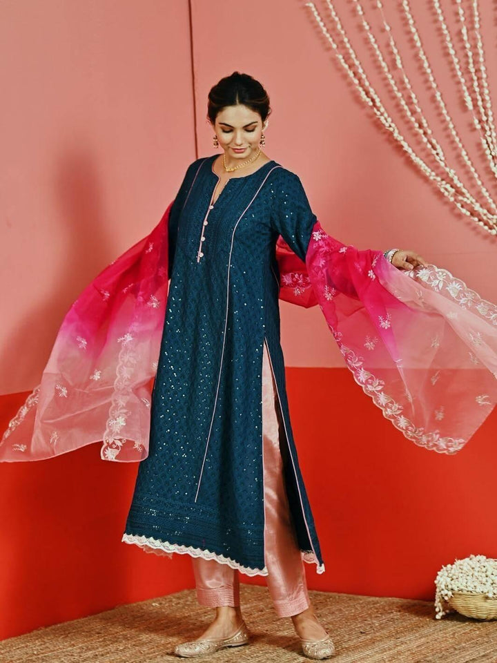 Teal Sequin Embroidered A-Line Kurta Set with Organza Dupatta - Myaara