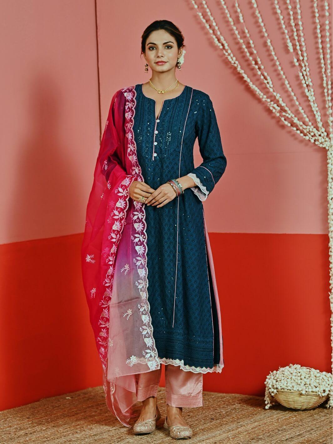 Teal Sequin Embroidered A-Line Kurta Set with Organza Dupatta - Myaara