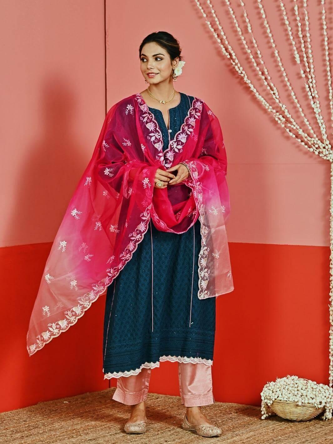 Teal Sequin Embroidered A-Line Kurta Set with Organza Dupatta - Myaara