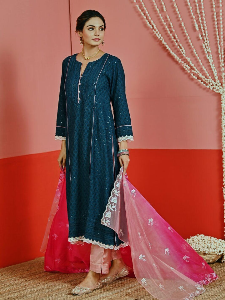 Teal Sequin Embroidered A-Line Kurta Set with Organza Dupatta - Myaara