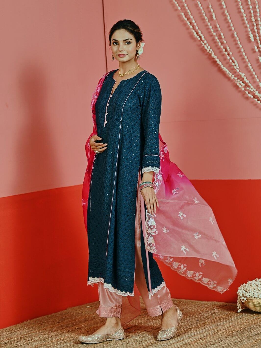 Teal Sequin Embroidered A-Line Kurta Set with Organza Dupatta - Myaara