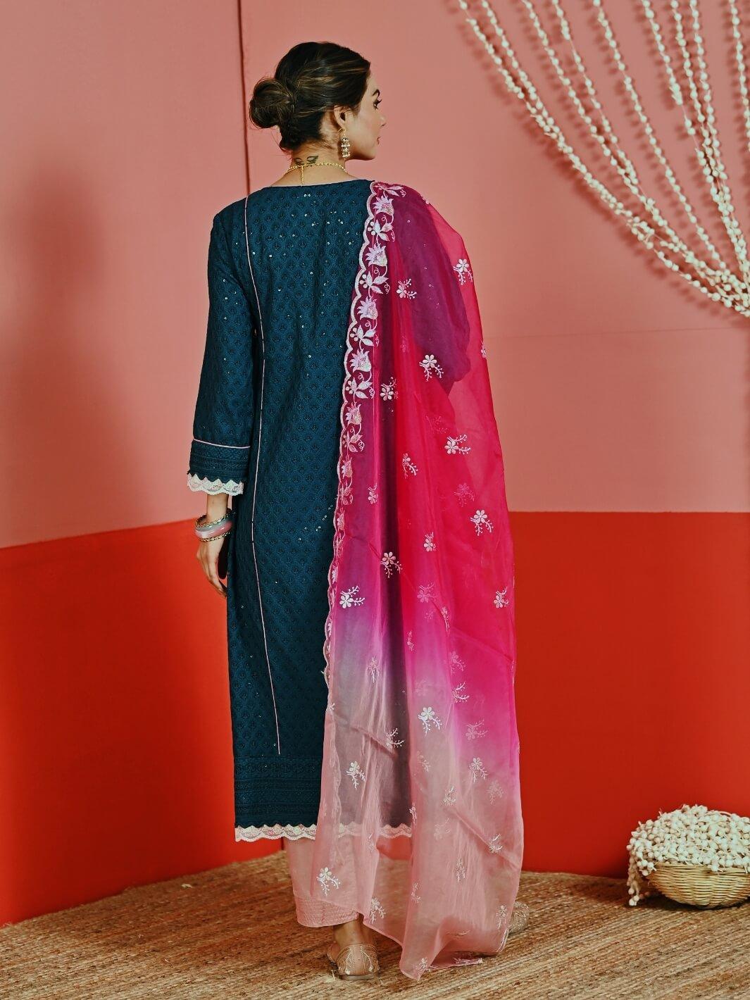 Teal Sequin Embroidered A-Line Kurta Set with Organza Dupatta - Myaara