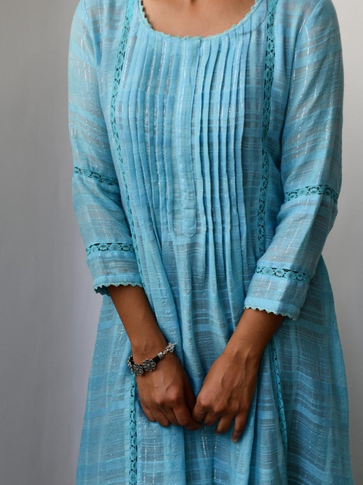 Turquoise Blue Cotton Lurex Ethnic Dress with Lace-Details - Myaara