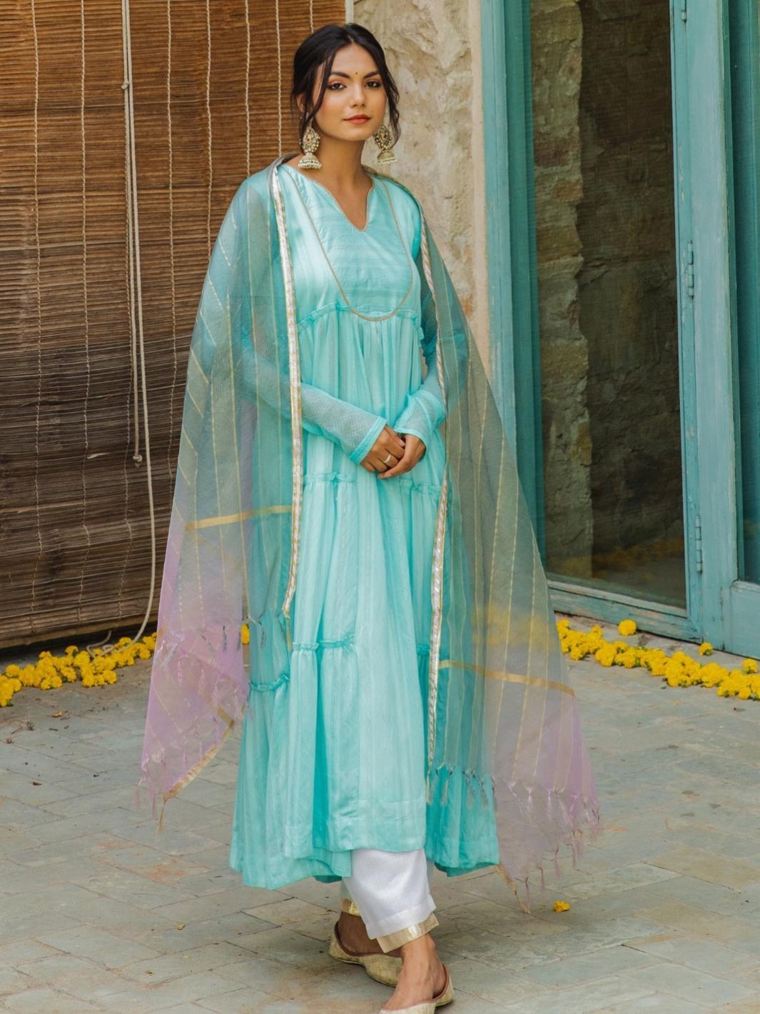 Turquoise Chanderi Anarkali Set with Ombre Organza Dupatta - Myaara