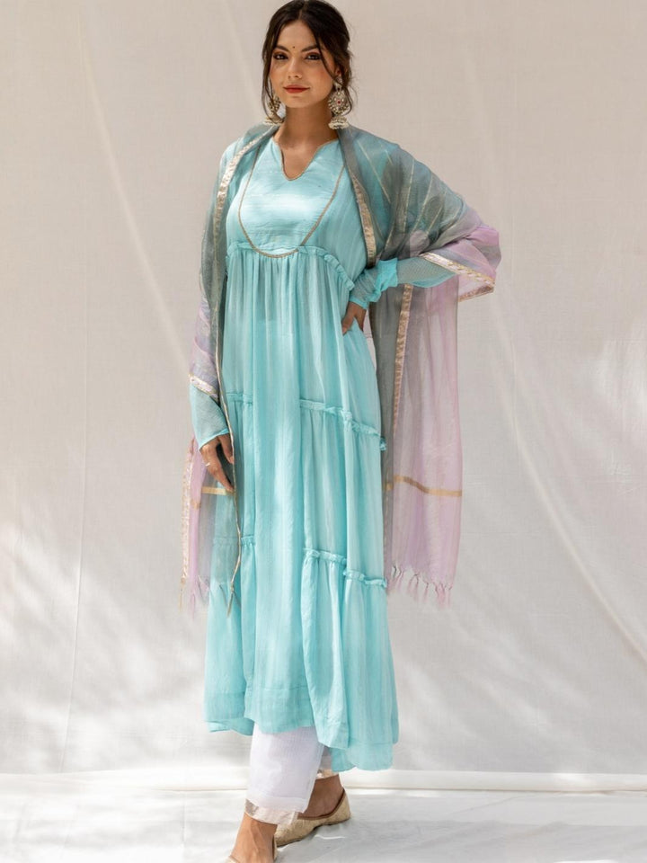 Turquoise Chanderi Anarkali Set with Ombre Organza Dupatta - Myaara