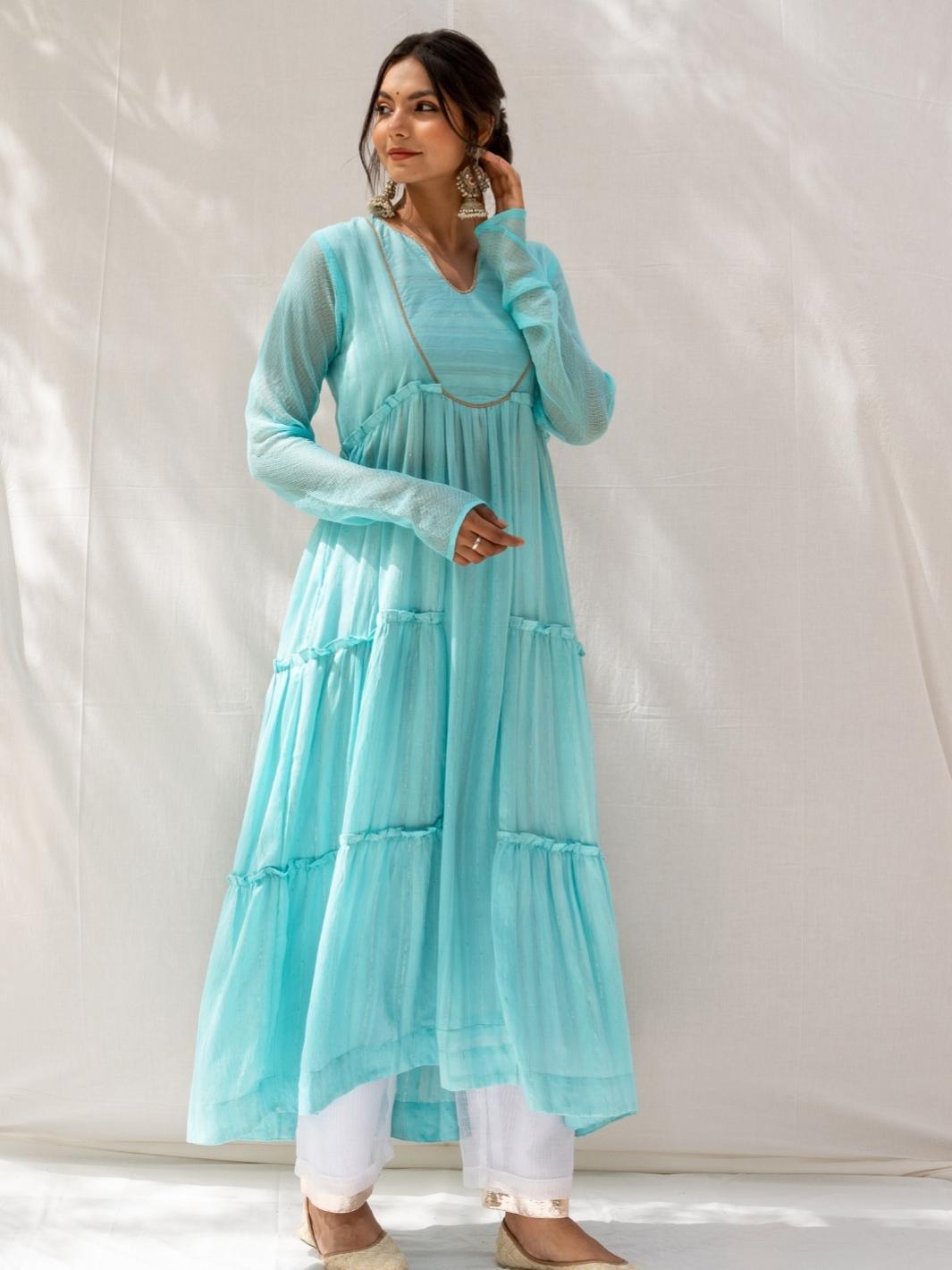 Turquoise Chanderi Anarkali Set with Ombre Organza Dupatta - Myaara