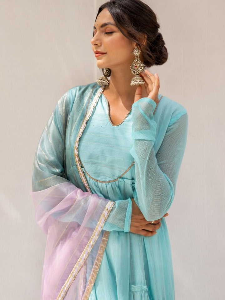 Turquoise Chanderi Anarkali Set with Ombre Organza Dupatta - Myaara